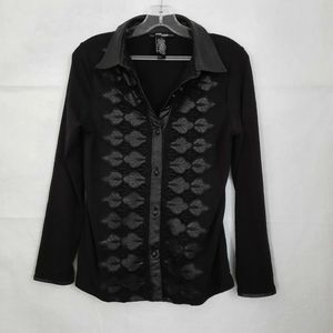 Once Again Black Faux Leather Embellished Button Down Blouse Ladies Size Small